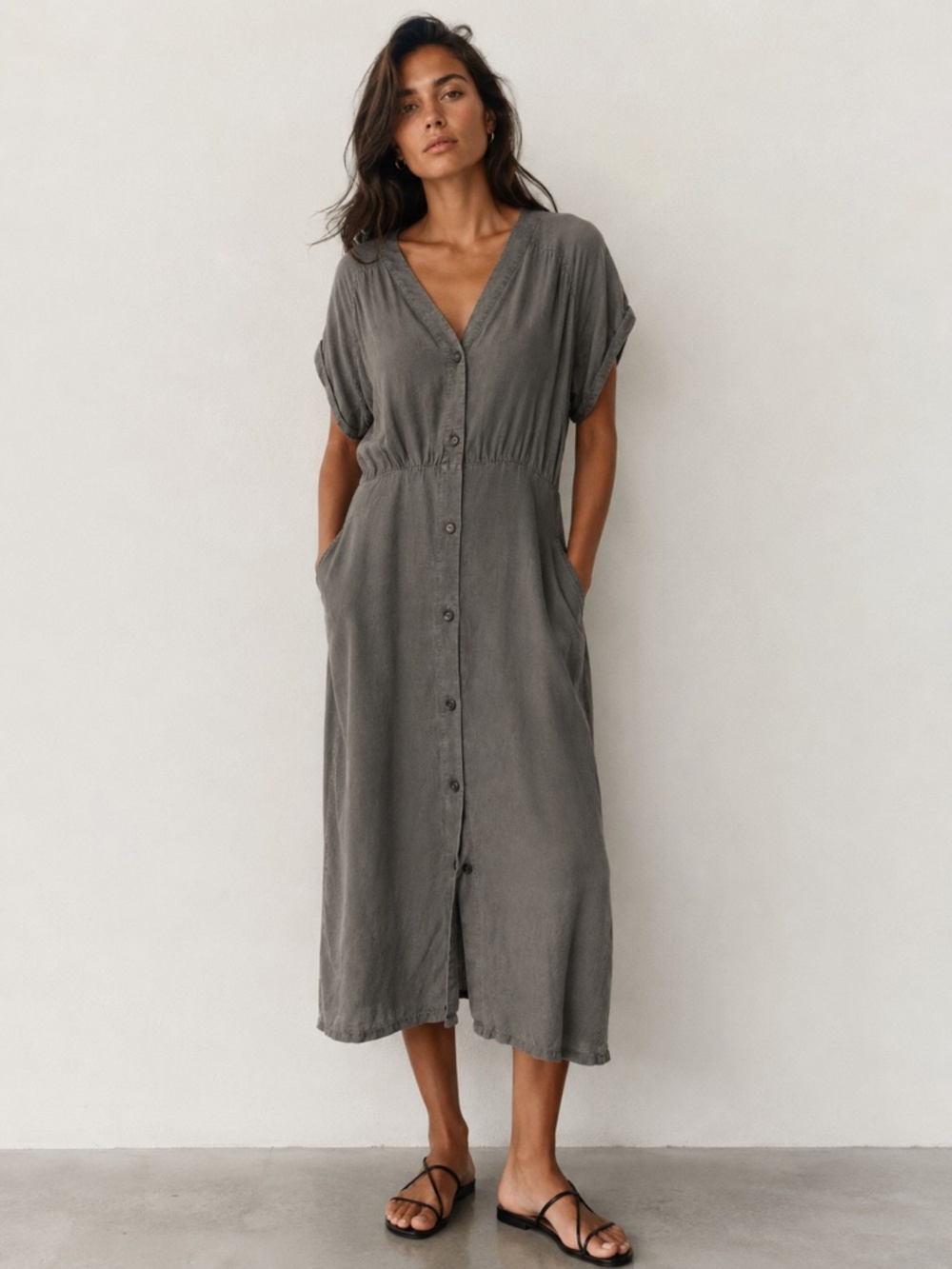 Zara Linen Blend Midi Dress Button Front Short Sleeve Relaxed - size XS